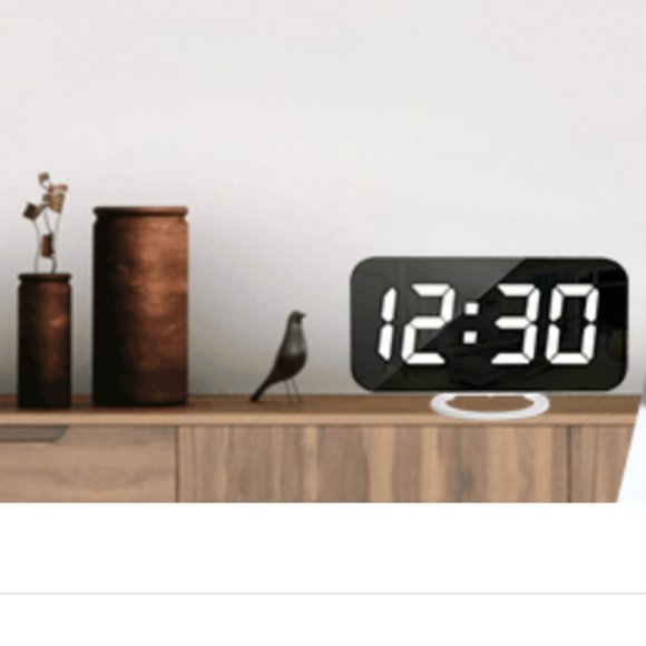 Black and Silver Chrome Modern Digital Alarm Clock with White Number Display - Picture 2 of 3